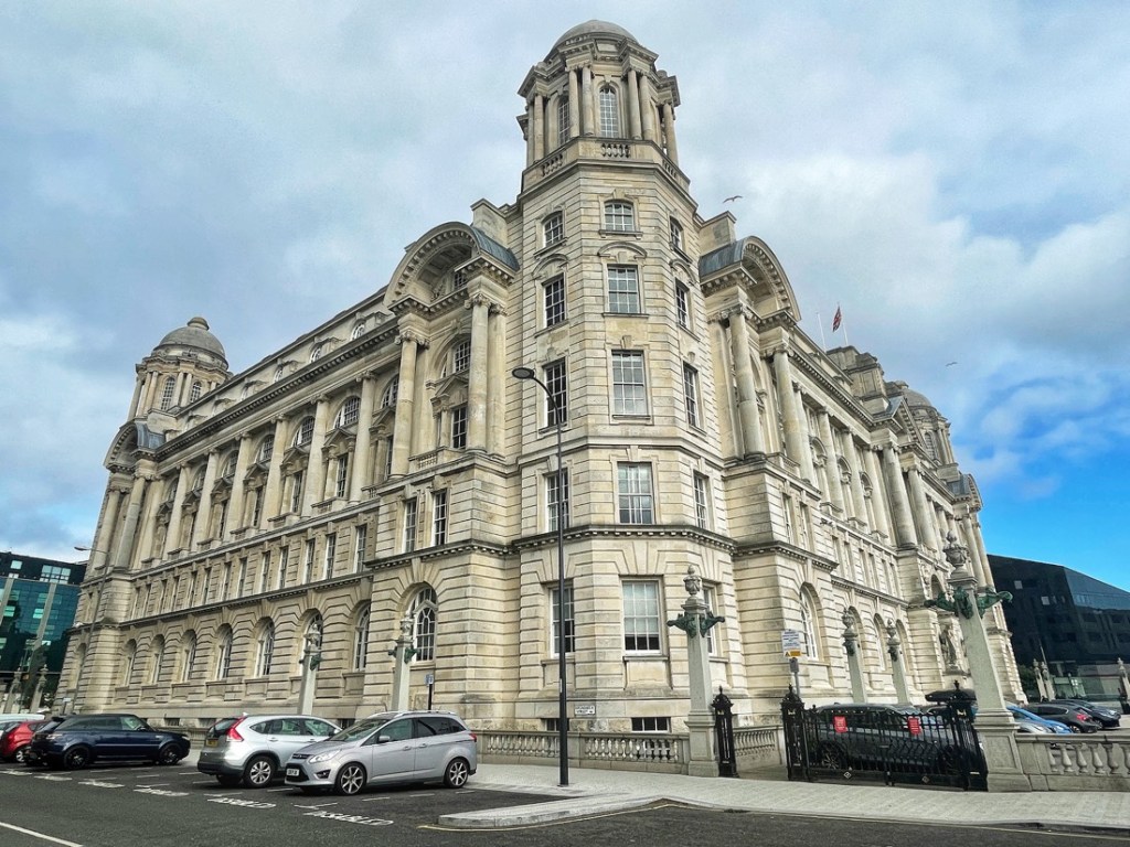 The Three Graces , Royal Liver Building, Cunard Building and The Port of Liverpool Building at the Pier Head in Liverpool